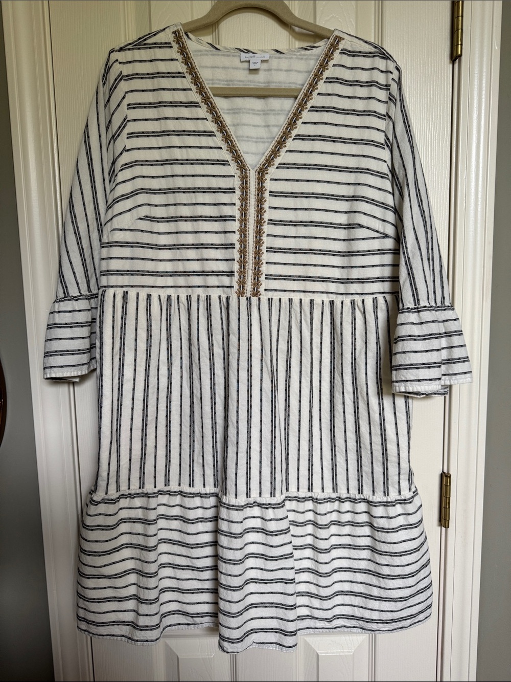 J. Jill Cream and Black Striped Tiered Dress with Gold Embroidered V-Neck